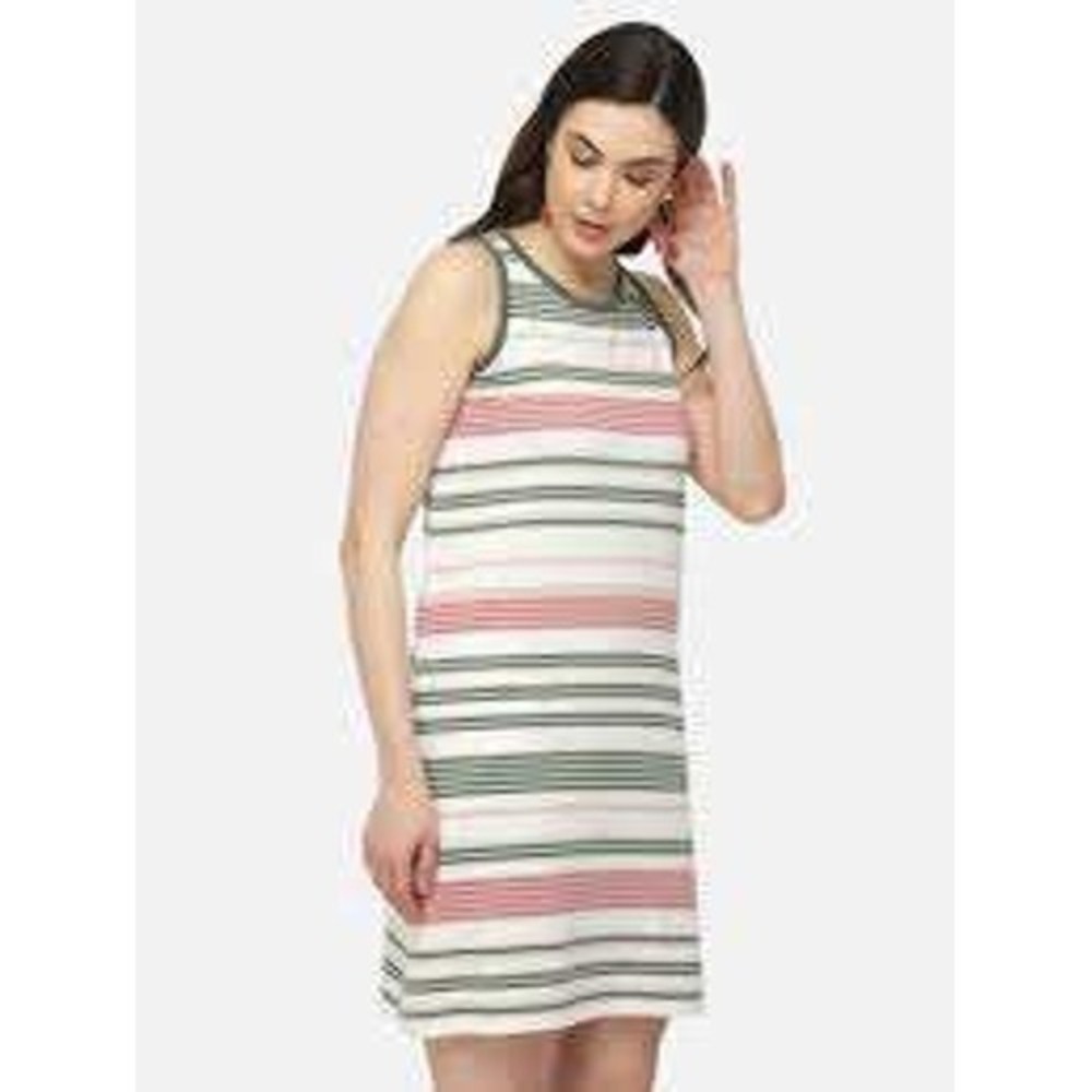 J. Jill Sleeveless Knit Shift Dress Medium Green Pink Cream Striped Casual Mini